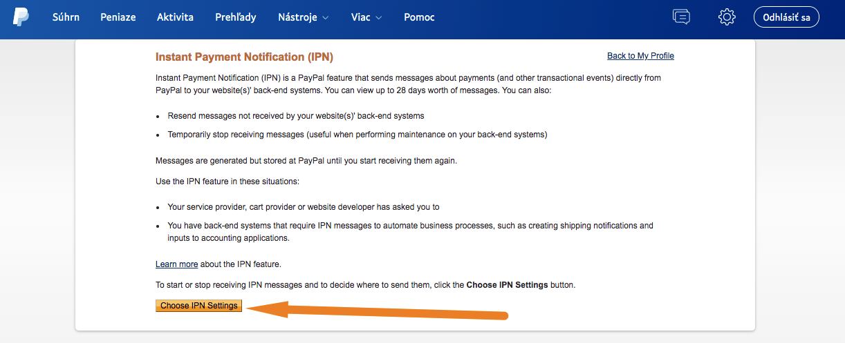 IPN nastavenie oznámení o platbe - PayPal
