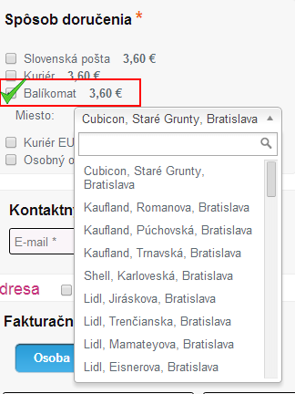 príklad zobrazenia možnosti dopravy prostredníctvom balíkomatu balíkomat v cms flox 2.0, balíkomat v biznisweb.sk