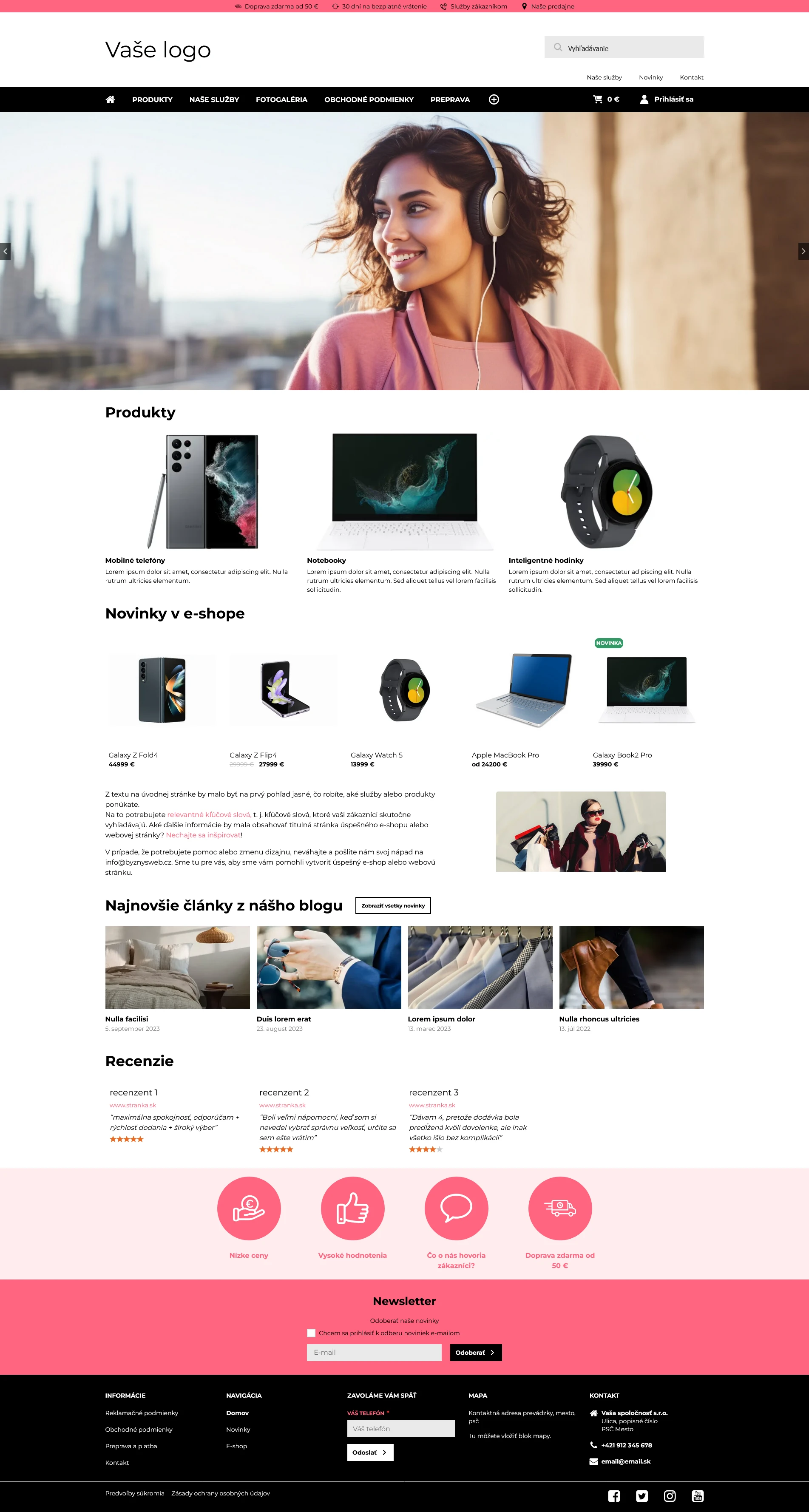 Barcelona od BiznisWeb.sk je moderná šablóna pre e-shop aj web.  Stačí vypnúť zobrazovanie košíka v nastaveniach šablóny a máte webovú šablónu so všetkým, čo potrebujete. Eshop šablóna Barcelona od BiznisWeb.sk. Umožňuje upraviť vzhľad pre e-shop aj pre webstránky