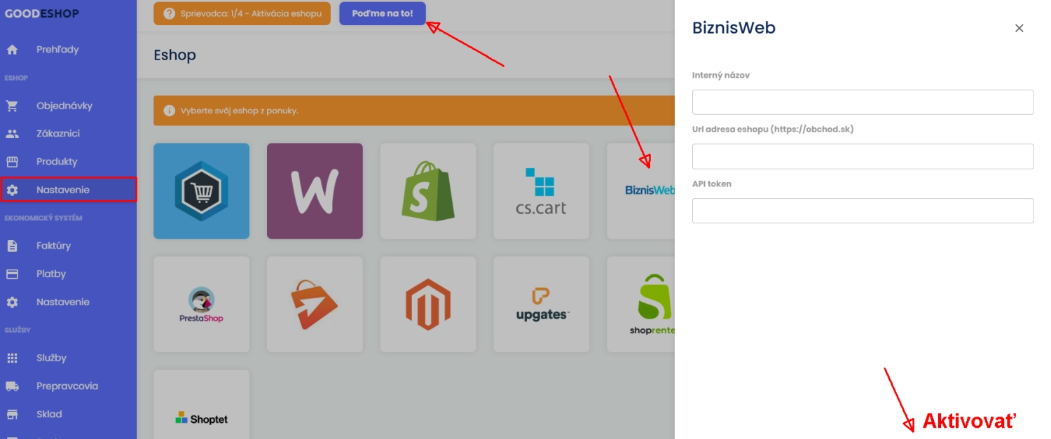 Aktivácia napojenia na BiznisWeb.sk v rozhraní GoodEshop.sk