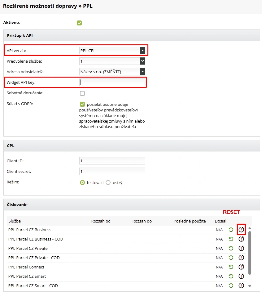Nastavenie PPL CPL API, Widget API key a reset číslovania v BiznisWeb.sk