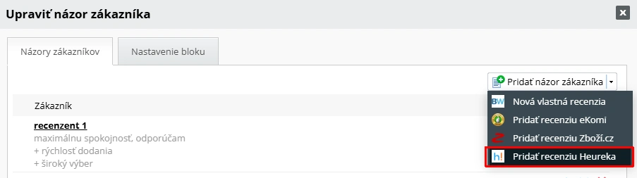 Názory zákazníkov - pridať recenziu Heureka