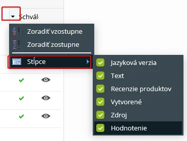 Stlpce v tabulke recenzií