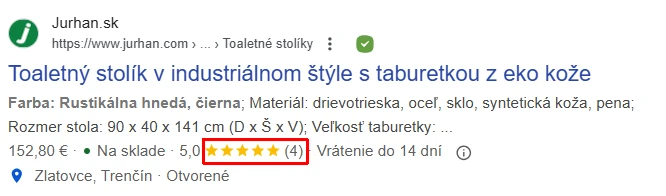 Hviezdičkové hodnotenie produktu v SERPe