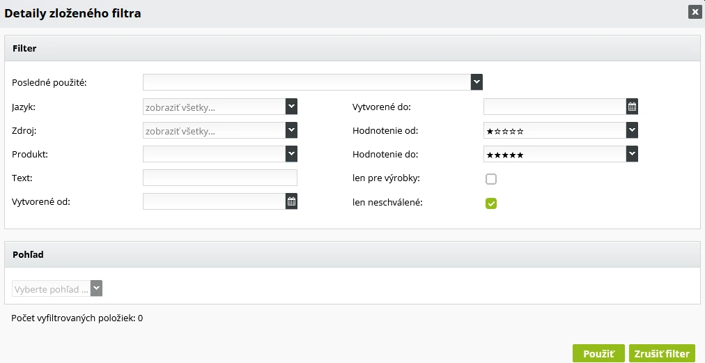 Recenzie v e-shope - zložený filter pre vyhľadávanie