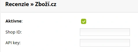 Nastavenia - Recenzie - Zboží - Aktívne: Shop ID a API key