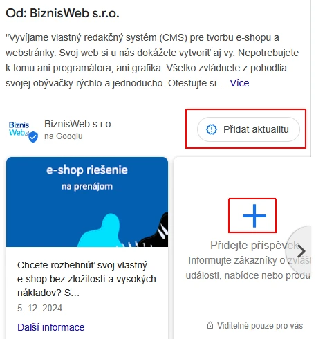 Príspevky od BiznisWeb vo firemnom profile Google