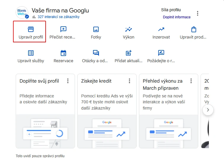 Informácie o firme vo firemnom profile Google