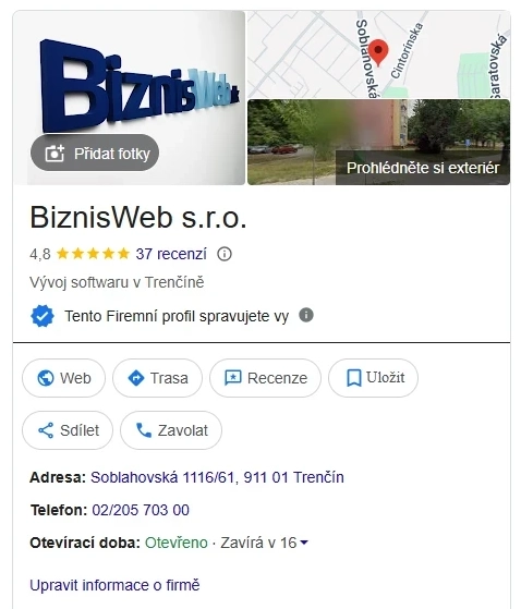Google Firemný profil - ukážka pre BiznisWeb s.r.o.