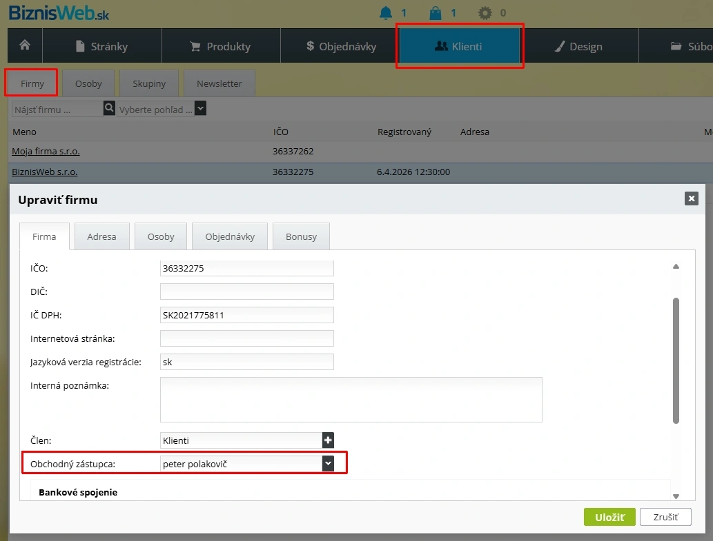 Priradenie obchodného zástupcu firme