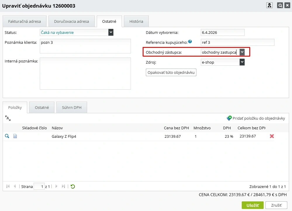 Priradenie obchodného zástupcu objednávke