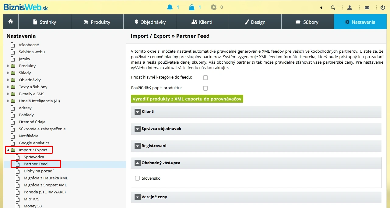Partner feeed: XML export produktov  pre B2B