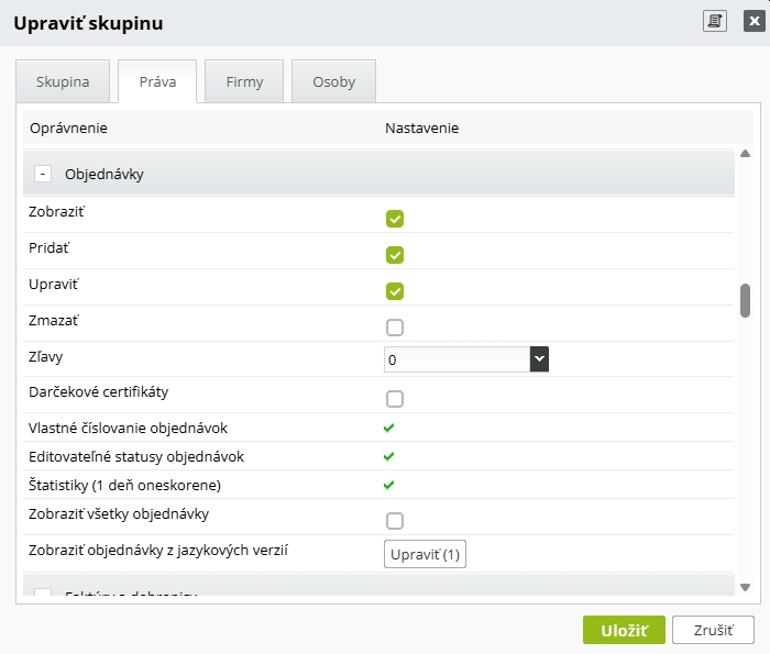 Nastavenie práv pre skupinu Obchodný zástupca