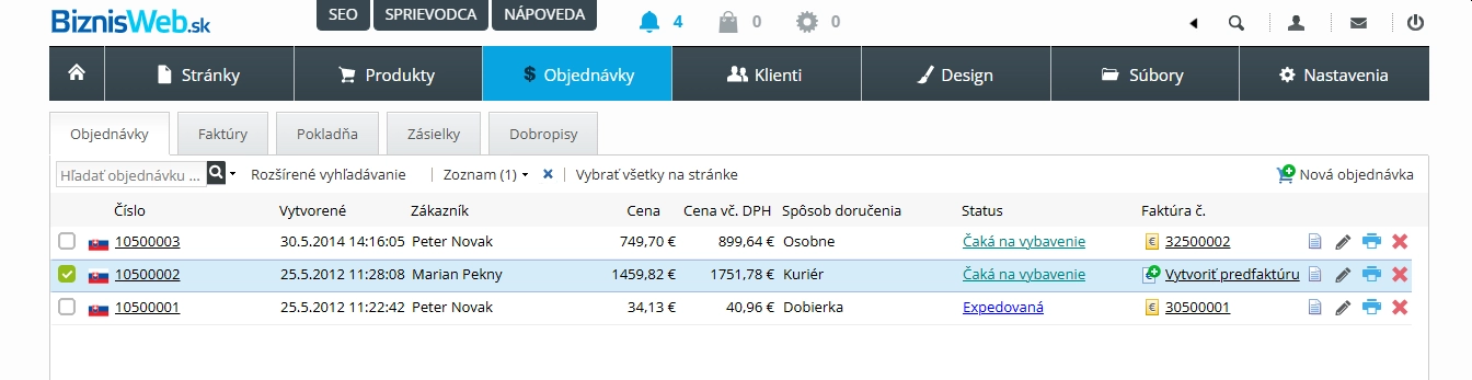 Objednávky v administrácii e-shopu