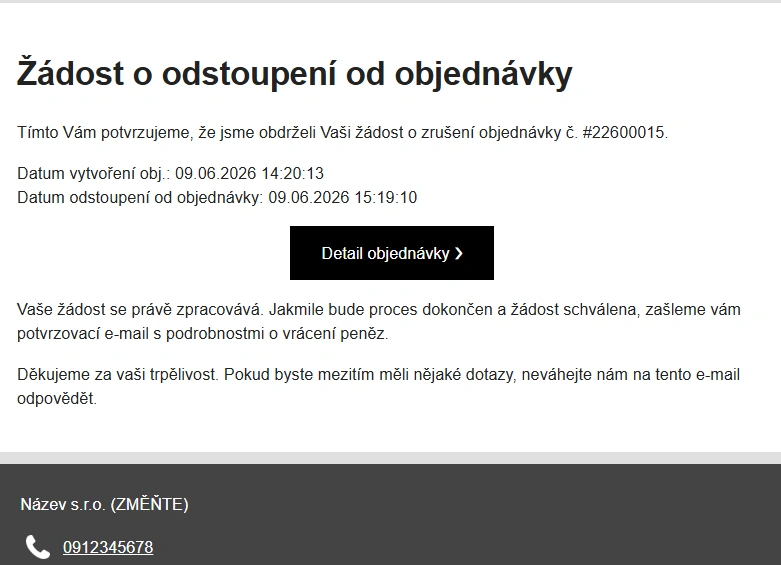 Potvrdenie o doručení žiadosti o odstúpenie od zmluvy na diaľku