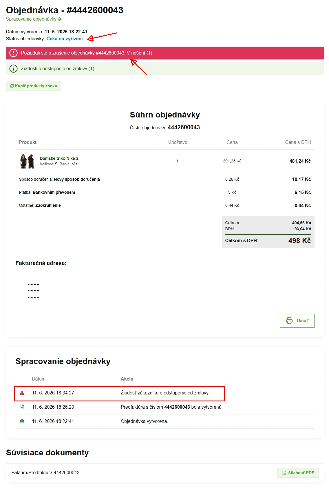 Odstúpenie od zmluvy - detail objednávky v e-shope