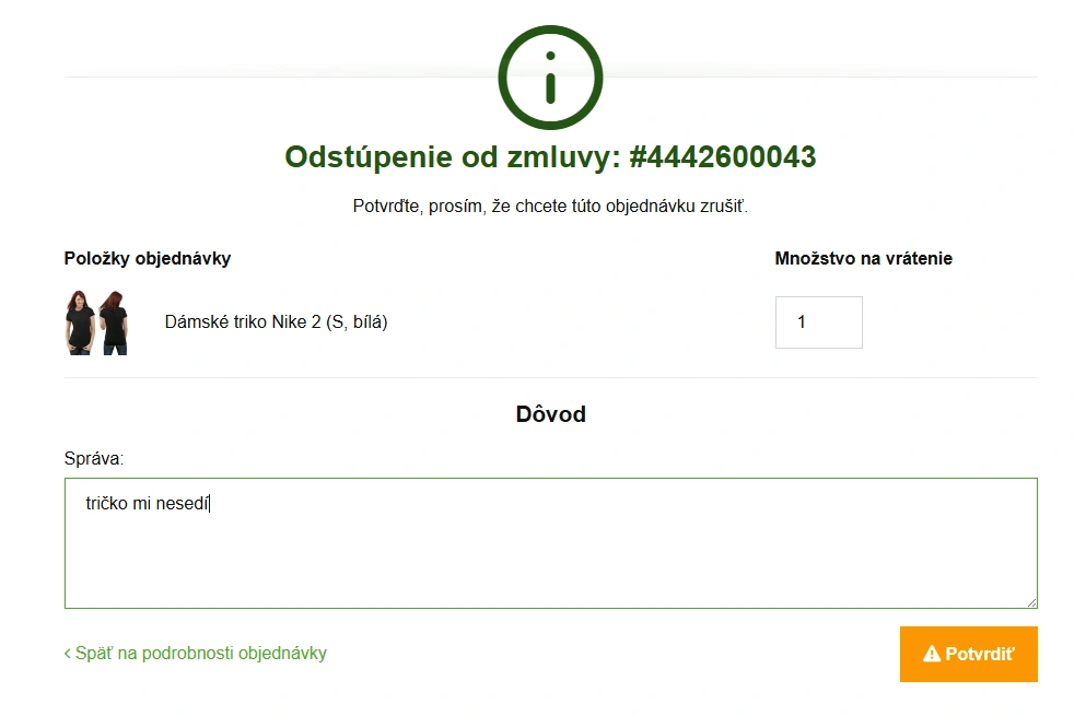 Odstúpenie od zmluvy - potvrdenie pred odoslaním