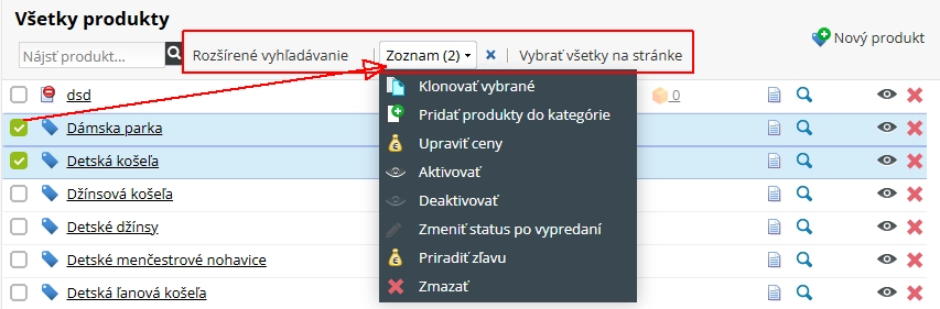 Hromadné akcie s produktmi v e-shope