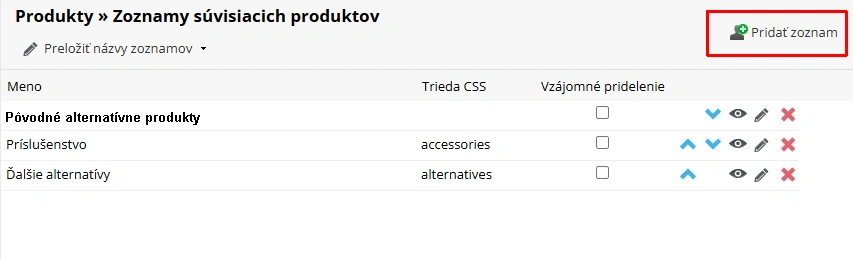Súvisiace produkty - pridať zoznam