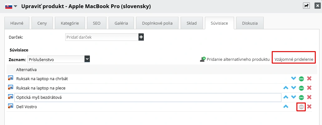 Vzajomné pridelenie produktov v produktovom detaile
