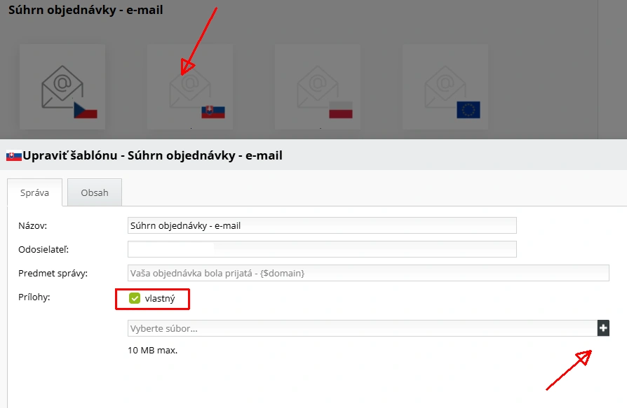 Vloženie prílohy pre automatický e-mail v e-shope