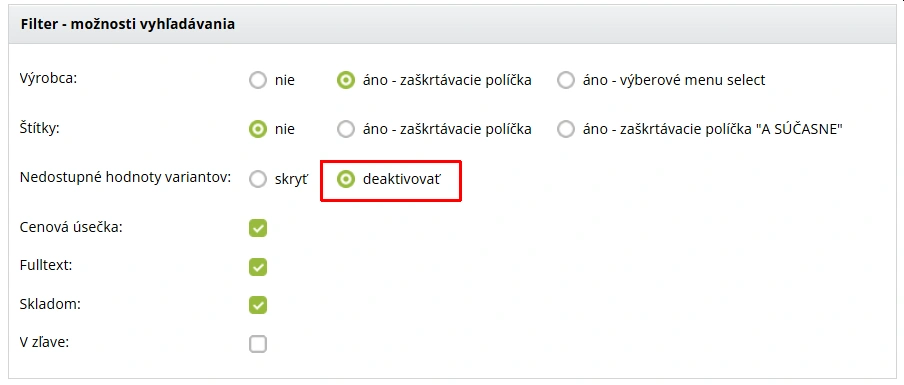 Nastavenie filtrovania v e-shope podľa vlastností, Nastavenie pre zobrazenie nedostupných velkostí vo filtri