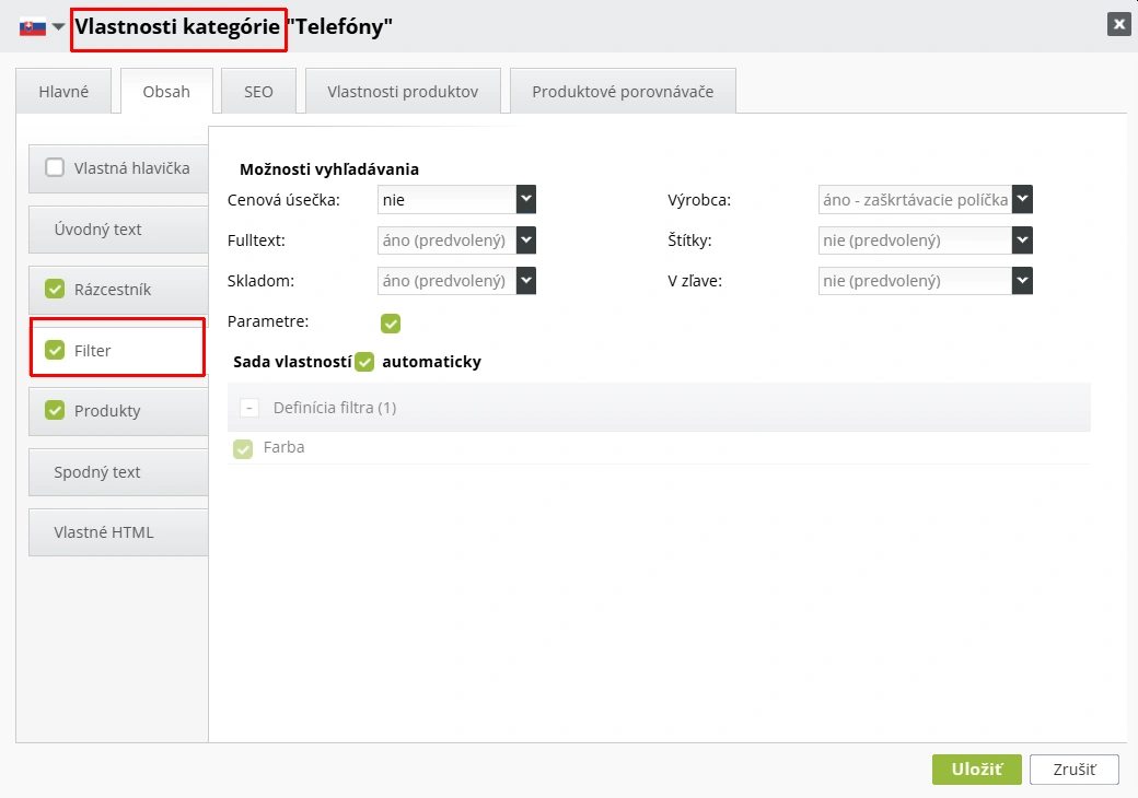 Nastavenie vyhľadávania pre konkrétnu kategóriu v e-shope