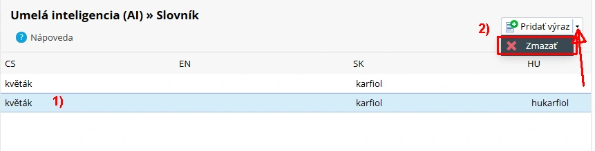 Ako zmazať položku v slovníku AI - 2. možnosť