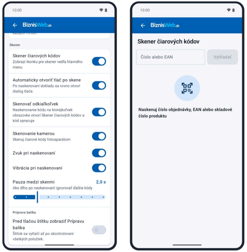 Skener čiarových kódov v mobilnej aplikácii BiznisWeb.sk