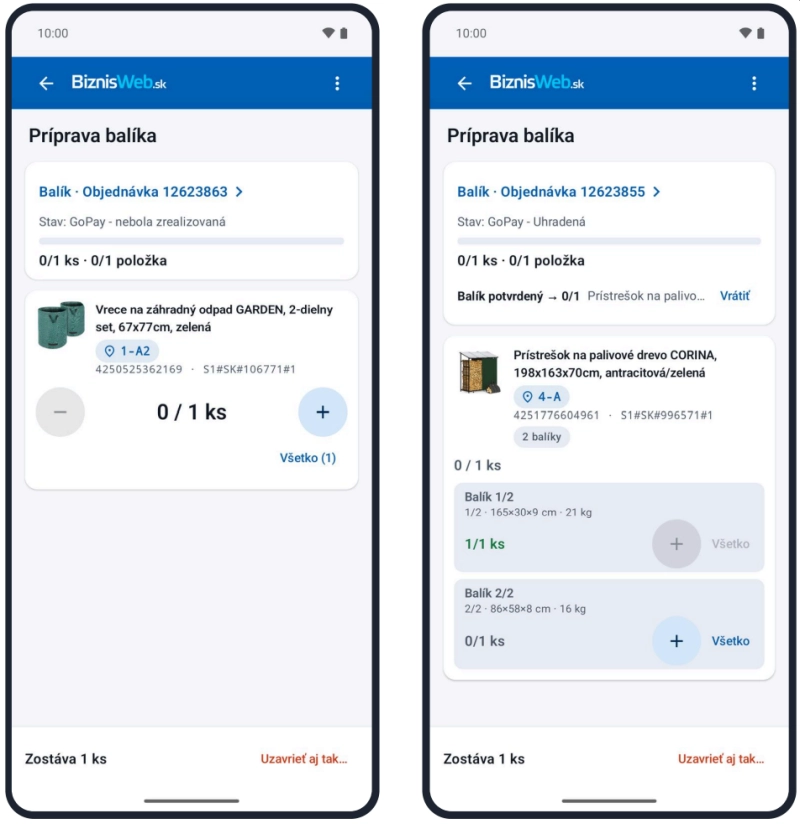 Príprava balíka skladníkom pomocou mobilnej aplikácie BiznisWeb.sk