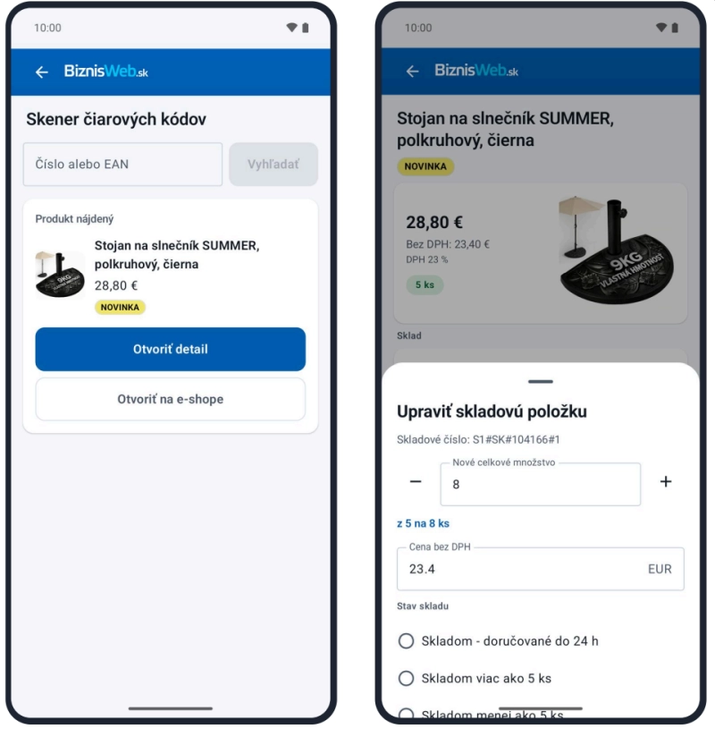 Úprava skladovej položky po naskenovaní - v mobilnej aplikácii BiznisWeb.sk