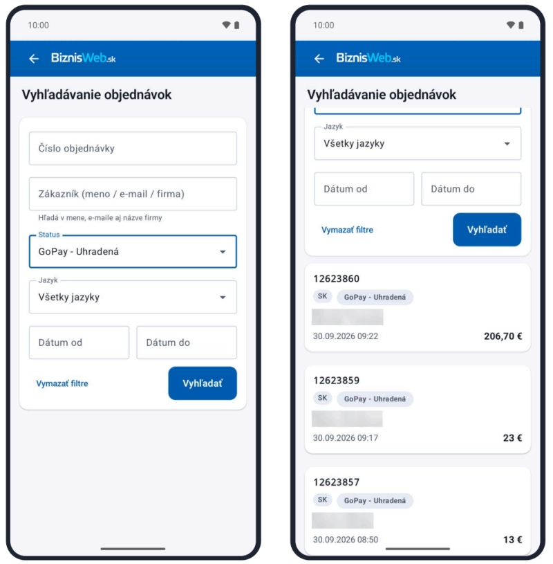 Vyhľadávanie objednávok a úprava objednávky v mobilnej aplikácii BiznisWeb.sk