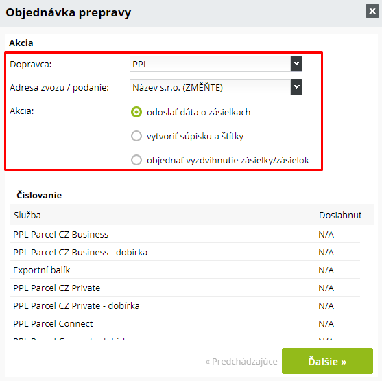 Odoslanie údajov o zásielkach do PPL