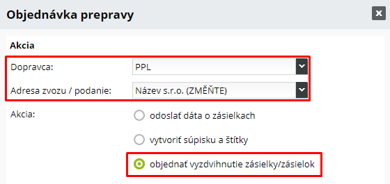 Objednanie vyzdvihnutia zásielok PPL
