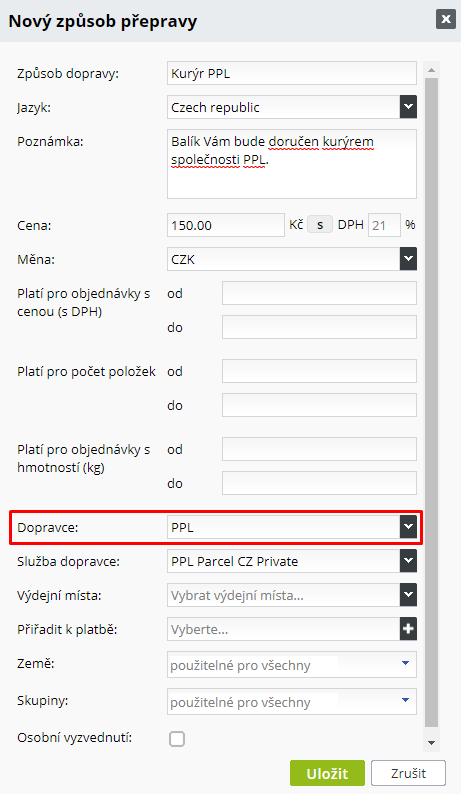 Vytvorenie nového spôsobu doručenia pre PPL