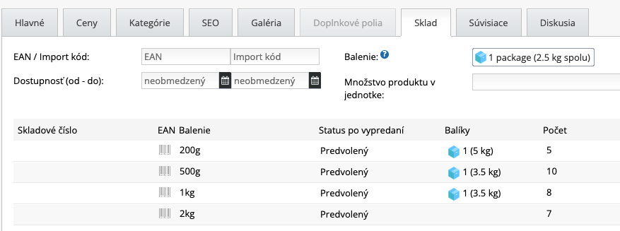 Nastavenie balíkov skladovým položkám