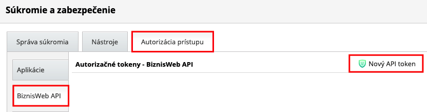 Nový API token | BiznisWeb