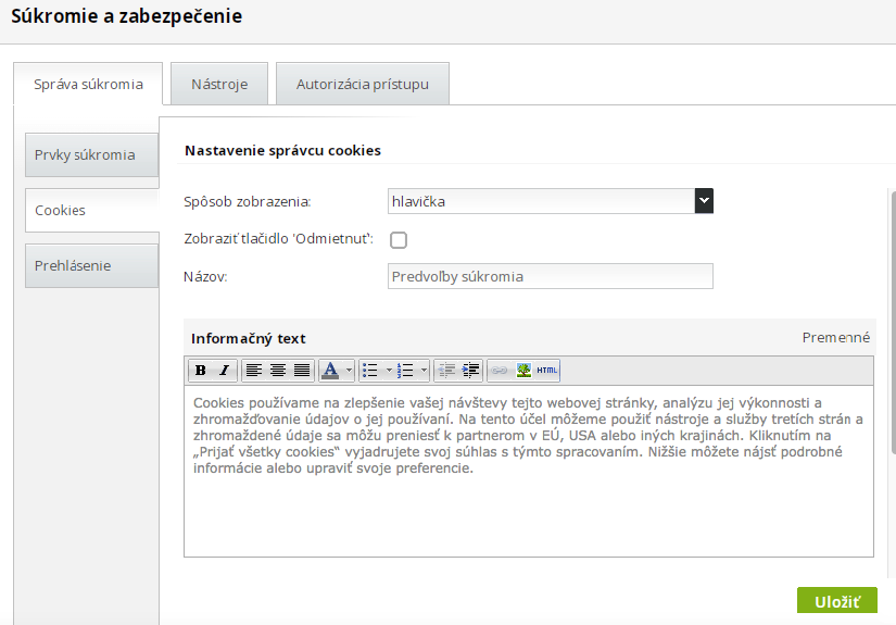 nastavenie cookies lišty v administrácii webu