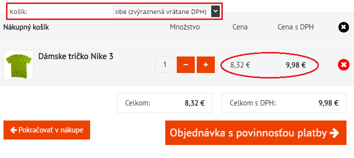 Zobrazenie cien s DPH v nákupnom košíku