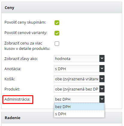 zobrazovanie ceny s alebo bez DPH v administrácii