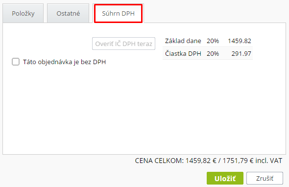súhrn DPH v objednávke