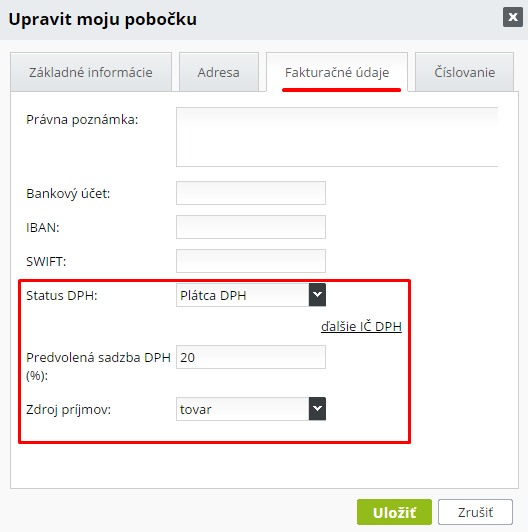 nastavenie fakturujúcej pobočky pre platcu DPH