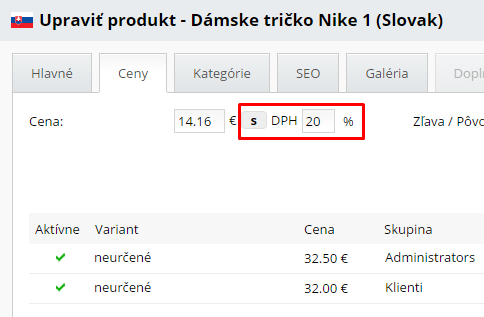 produkt s možnosťou nastaviť vlastnú sadzbu DPH