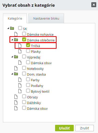 výber kategórie priklad