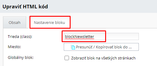 nastavenie bloku HTML kód