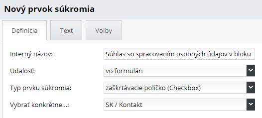 súhlas so spracovaním osobných údajov vo formulári - nastavenia