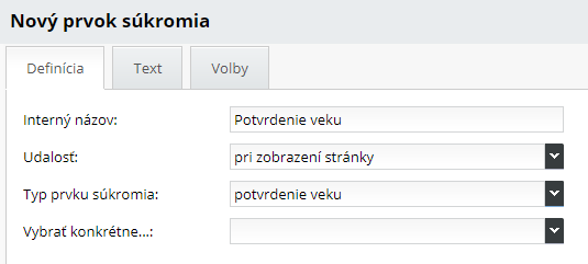 Okno pre potvrdenie veku - základné nastavenia