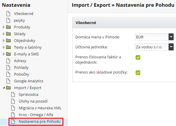 Export objednávok a faktúr do Pohody 