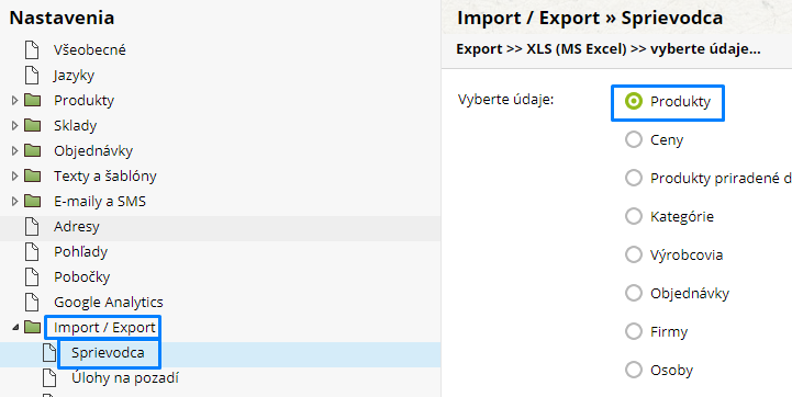 import export dát z e-shopu