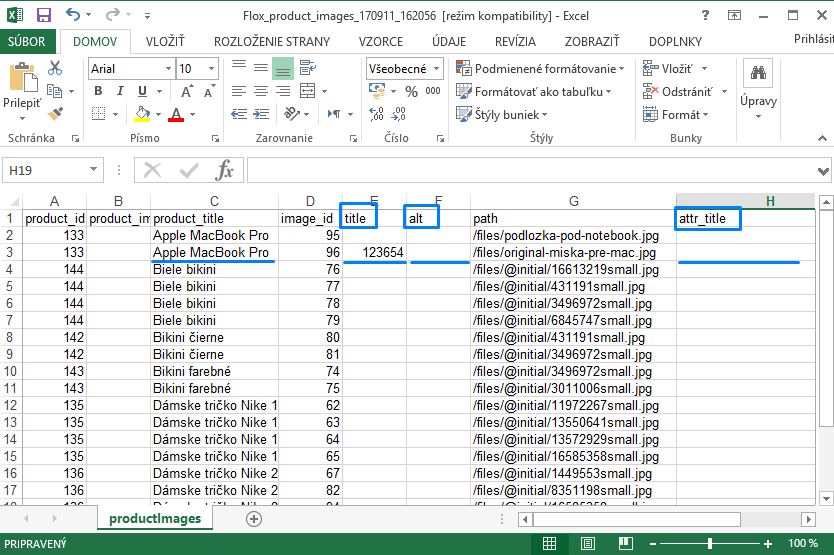 úprava popiskov v produktovej fotogalérii cez excel